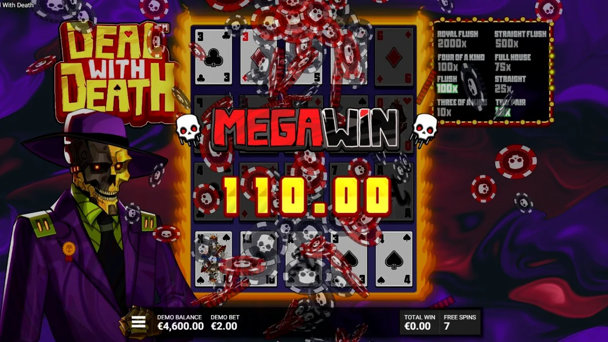 Isang metallic na croupier na may mga baraha, kumakatawan sa tema ng Deal With Death slot.